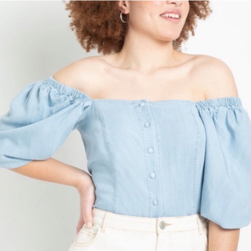 Eloquii Tencel Blue Denim Crop Button Front Blouse NWT size 16